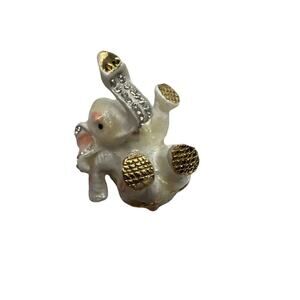 Bejeweled Enamel Hinged Trinket Box White Gold Lucky Baby Elephant w Rhinestone